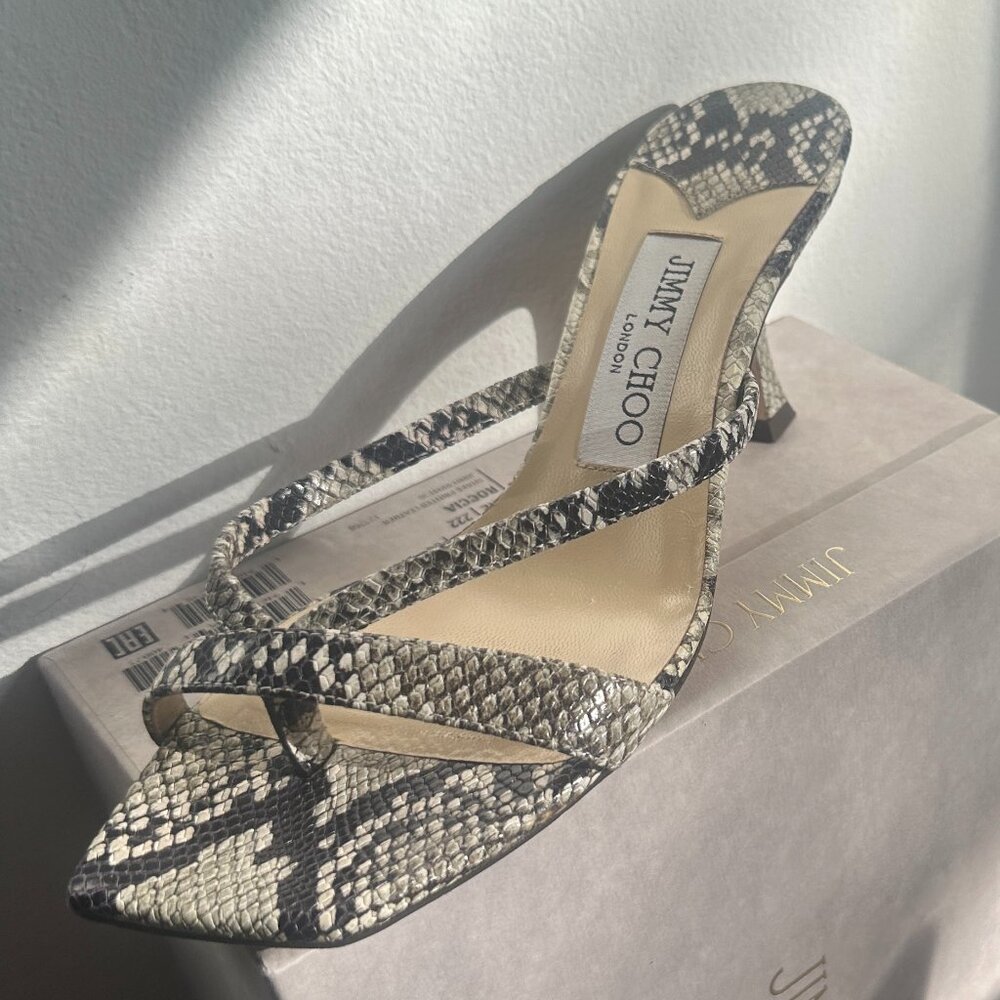 Jimmy Choo Snake Print Leather Slide Sandal in Black and Cream
